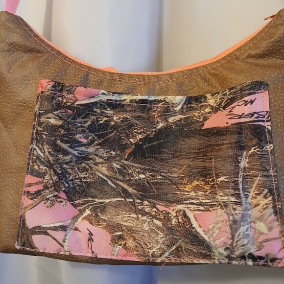 New Vinyl Camo Top handle Shoulder Bag Purse Hot Pink Brown Crescent Baguette - Picture 8 of 9